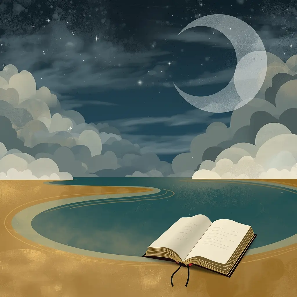 Abstract night scene with crescent moon and journal symbolizing daily reflection